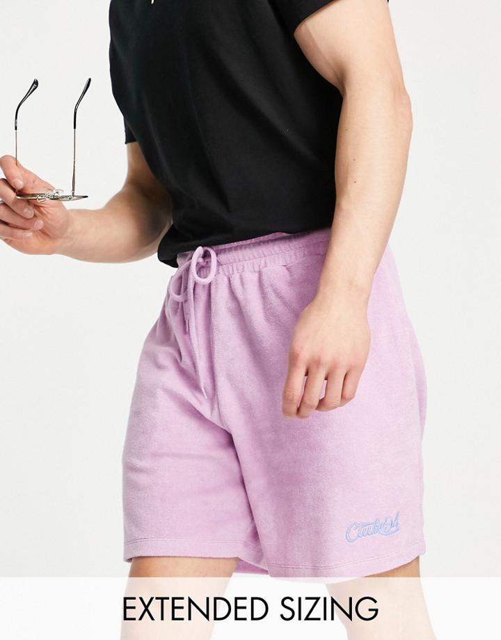 Asos Design Relaxed Short In Purple Terrycloth With Text Embroidery