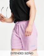 Asos Design Relaxed Short In Purple Terrycloth With Text Embroidery