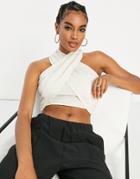 Asos Design Natural Crinkle Halter Top With Shirred Waist In Oat-neutral