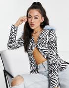 Asos Design Jersey 00s Suit Blazer With Fur Trim In Zebra Print-multi