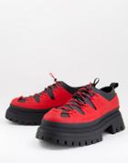Asos Design Chunky Lac-up Shoes In Black Faux Leather With Red Cage Detail