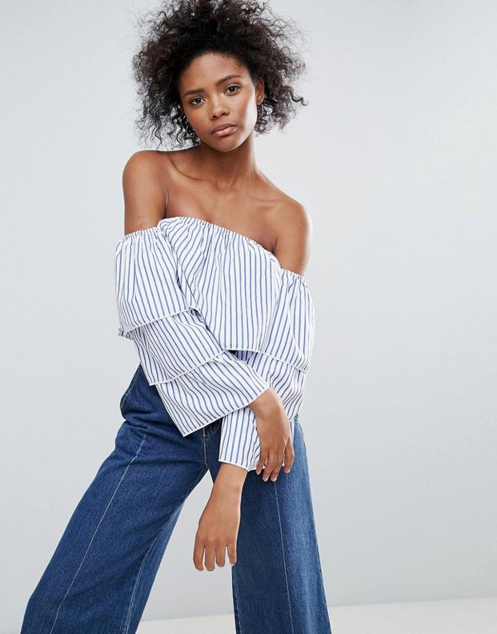 Parisian Stripe Double Layer Off The Shoulder Top - Blue