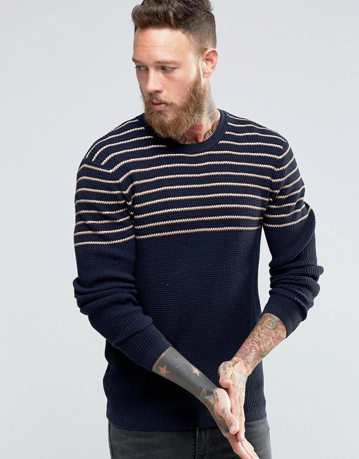 Asos Stripe Sweater With Waffle Texture - Navy