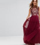Needle & Thread High Neck Maxi Tulle Dress With Embroidery And Embellishment - Red