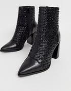 River Island Leather Woven Boots With Pointed Toe In Black