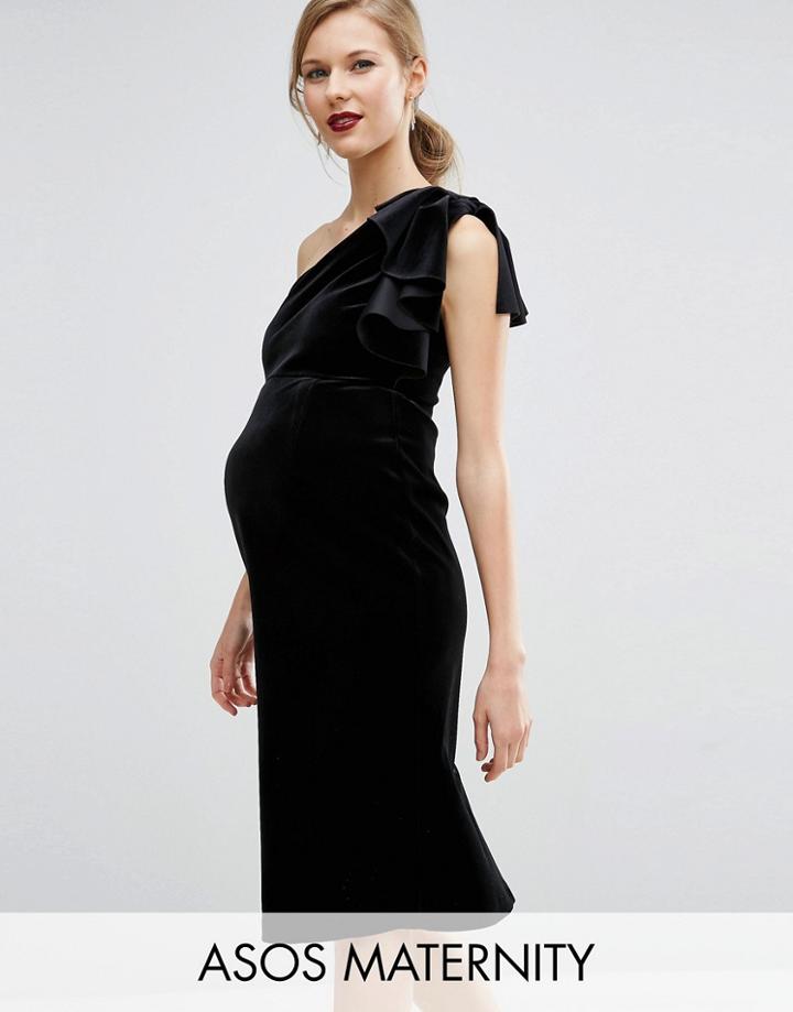 Asos Maternity Velvet One Shoulder Ruffle Midi Dress - Black
