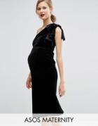 Asos Maternity Velvet One Shoulder Ruffle Midi Dress - Black