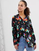 Asos Design Longline Long Sleeve Shirt In Abstract Print-multi