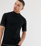 Asos Design Tall Raglan T-shirt With Turtleneck And Contrast Stitching In Black - Black