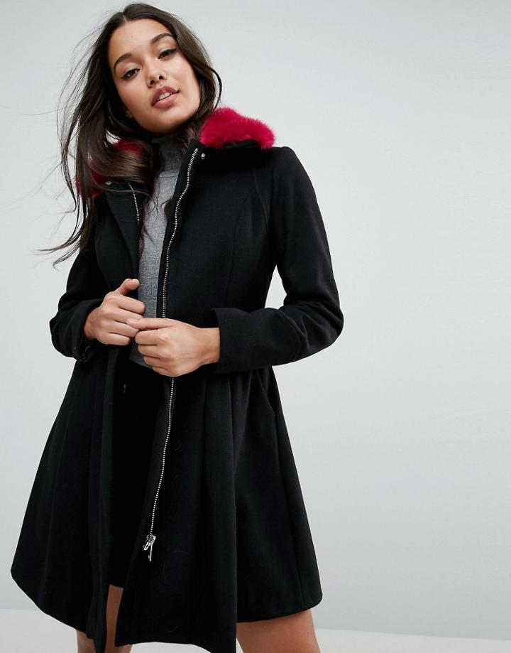 Asos Skater Coat With Bright Faux Fur Collar - Black