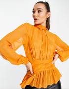 Asos Design Drape Front Sheer Blouse In Orange