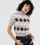 Reclaimed Vintage Inspired Fluffy Cropped Sweater With High Neck In Argyle