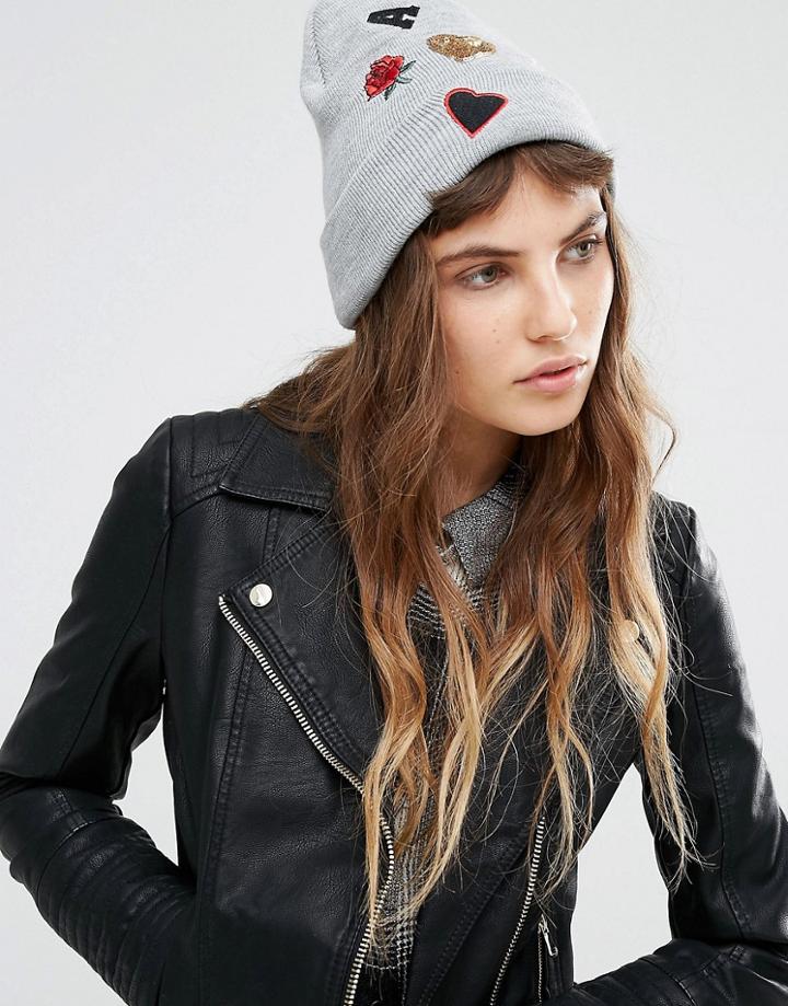 Miss Selfridge Badge Beanie Hat - Gray