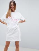 Asos Design Palm Springs Print V Back T-shirt Dress - White