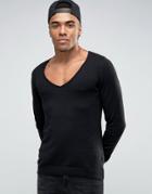 Asos Muscle Fit Jumper With Deep Vee Neck - Black