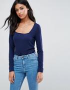 Asos Top With Square Neck And Long Sleeve - Navy