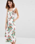 Warehouse Floral Tie Waist Midi Dress - Cream Print
