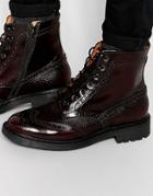 Asos Brogue Boots In Burgundy Leather With Cleated Sole - Burgundy