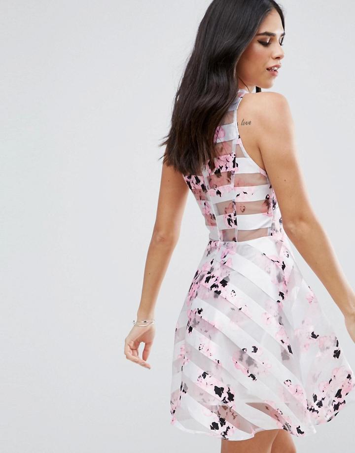 Ax Paris Floral Skater Dress With Mesh Panels - Cream