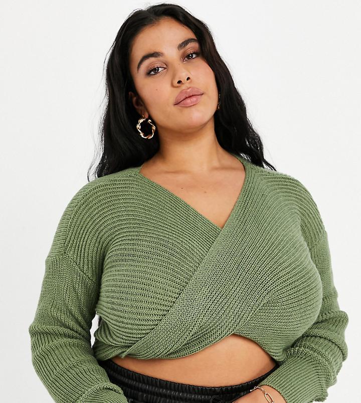 Fashionkilla Plus Knitted Knot Front Sweater In Khaki-green