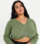 Fashionkilla Plus Knitted Knot Front Sweater In Khaki-green