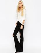 Asos Bell Flare Jeans In Clean Black With Thigh Rips - Black