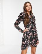 Rare London Floral Satin Wrap Dress In Black
