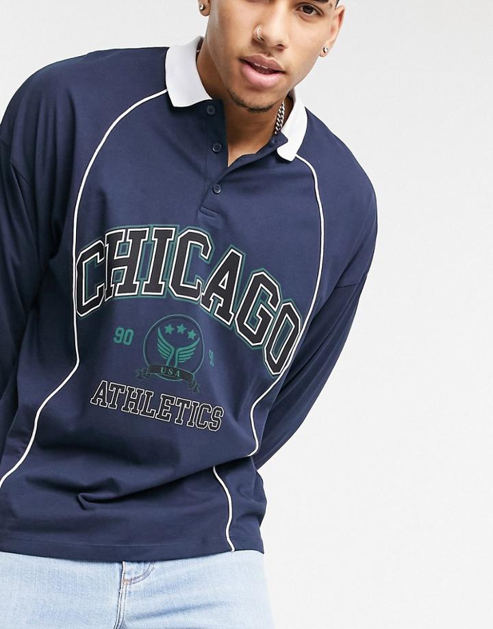 Asos Design Oversized Long Sleeve Polo Shirt In Navy With City Print