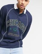 Asos Design Oversized Long Sleeve Polo Shirt In Navy With City Print