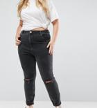 Asos Design Curve Farleigh High Waisted Slim Mom Jeans In Washed Black With Busted Knee