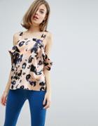 Asos Cold Shoulder Top In Watercolour Print - Multi