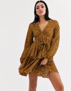 Forever U Tiered Mini Satin Dress And Plunge Neck In Brown Leo Print