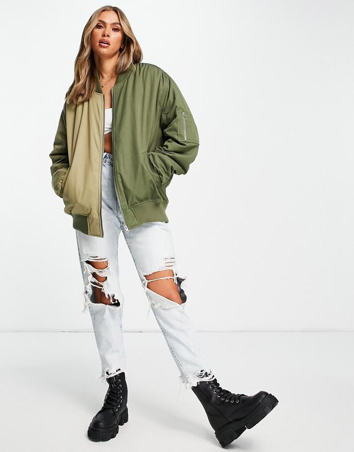 Topshop Oversized Half And Half Contrast Bomber Jacket In Khaki-green