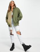 Topshop Oversized Half And Half Contrast Bomber Jacket In Khaki-green