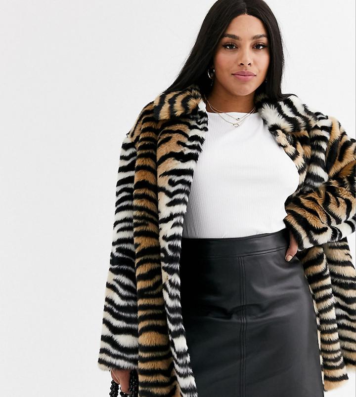 Asos Design Curve Tiger Faux Fur Button Through Coat-multi