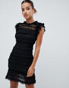 Ax Paris Lace Midi Dress With Ruffle Detail - Black
