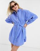 Asos Design Denim Oversized Belted Shirt Dress In Cornflour Blue Cord-blues