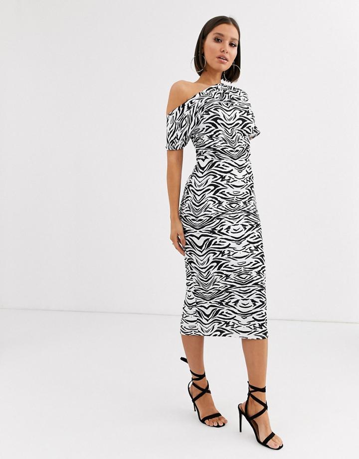 Asos Design Pleated Shoulder Pencil Dress In Zebra Print - Multi