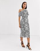 Asos Design Pleated Shoulder Pencil Dress In Zebra Print - Multi