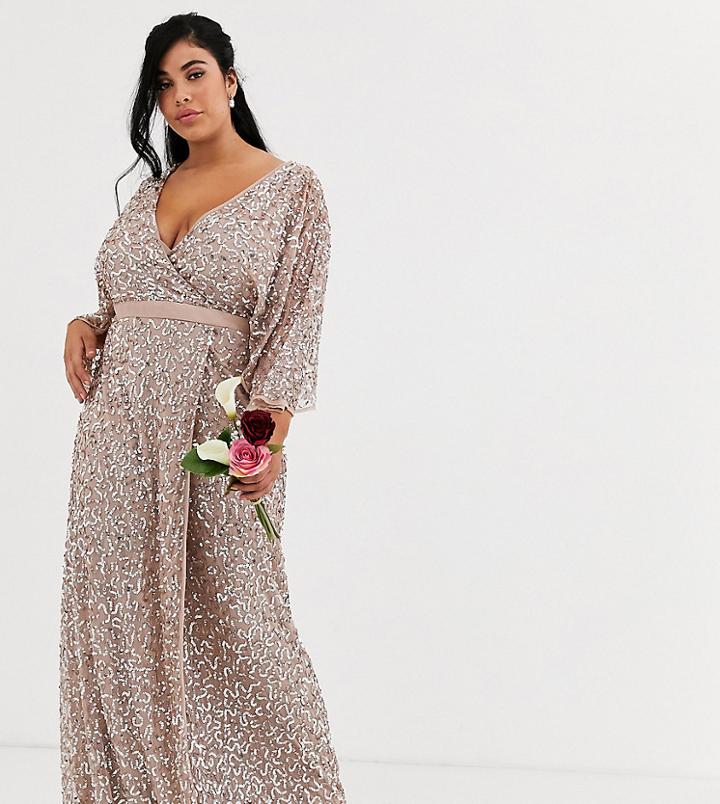 Maya Plus Bridesmaid Delicate Sequin Wrap Maxi Dress In Taupe Blush-brown