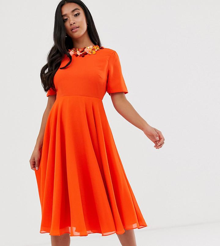 Asos Design Petite Crop Top Embellished Neckline Midi Dress-red