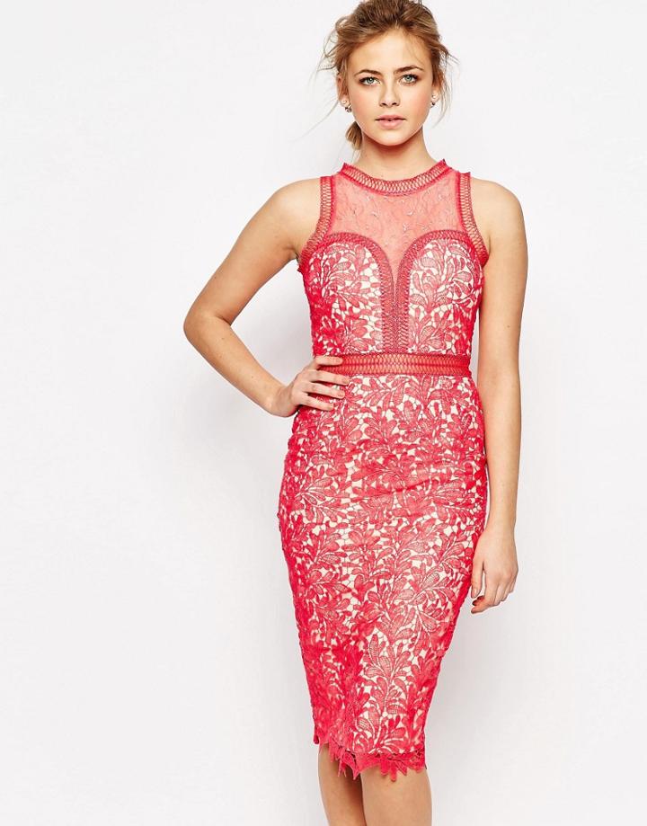 Little Mistress Lace Midi Dress - Coral