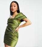 Asos Design Petite Taffeta Off Shoulder Ruched Lace Up Back Mini Dress In Olive Green