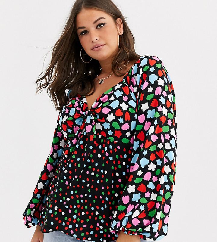 Asos Design Curve Top With Long Volume Sleeve And Tie Front In Mix And Match Print-multi