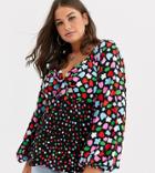 Asos Design Curve Top With Long Volume Sleeve And Tie Front In Mix And Match Print-multi