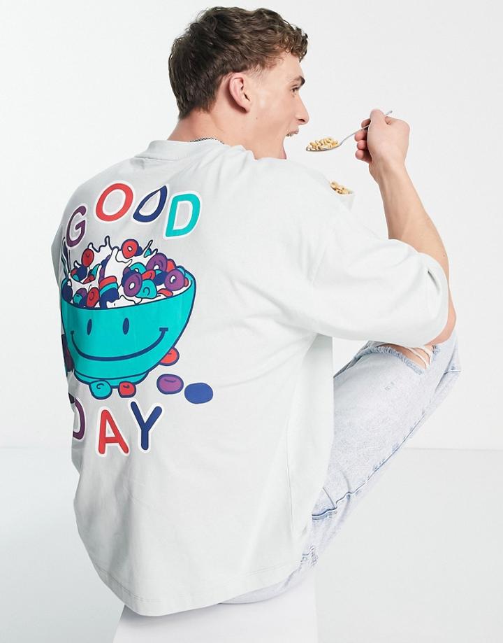 Asos Design Oversized T-shirt In Light Green With Cartoon Cereal Back Print