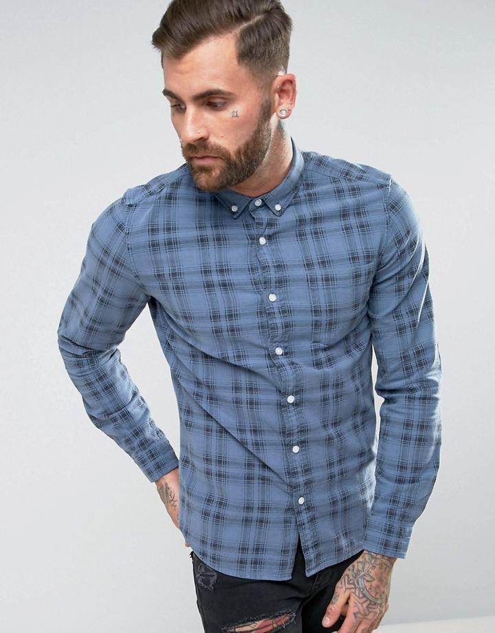 Asos Regular Fit Printed Check Shirt In Blue - Blue