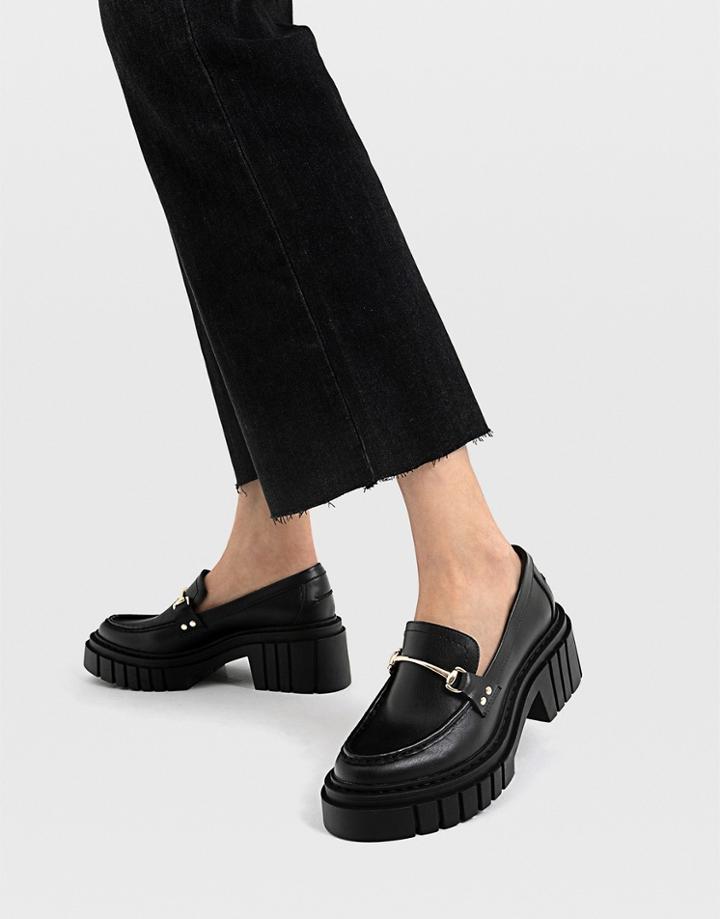 Stradivarius Mid Heeled Loafer With Cleated Sole In Black