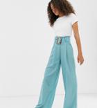 Asos Design Tall Textured Wide Leg Pants With Buckle-blue
