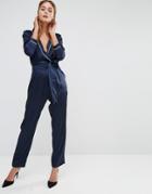 Fashion Union Satin Wrap Front Jumpsuit With Tie Up Waist - Navy